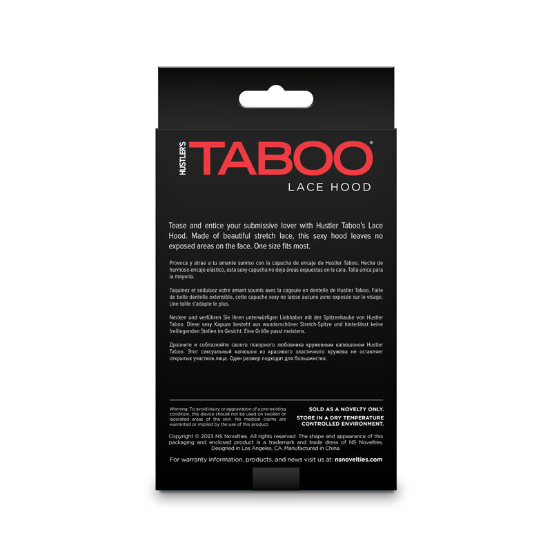 White stretch lace full face mask with "TABOO LACE HOOD" branding.