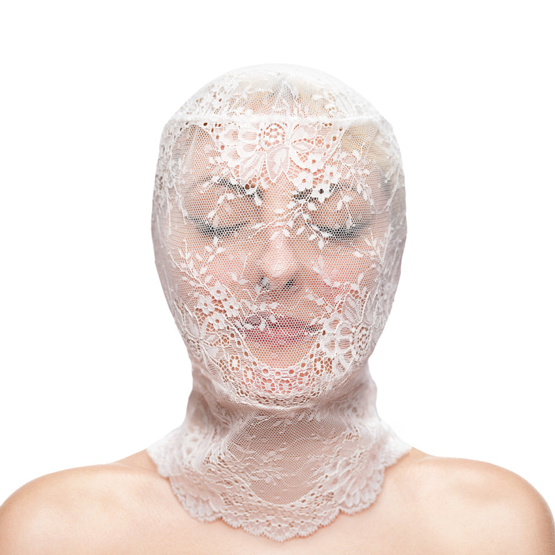 White stretch lace full face mask with a scalloped neck detail.