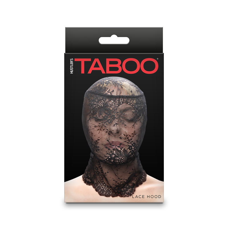 Black lace hood mask with a stretch fit head cover.