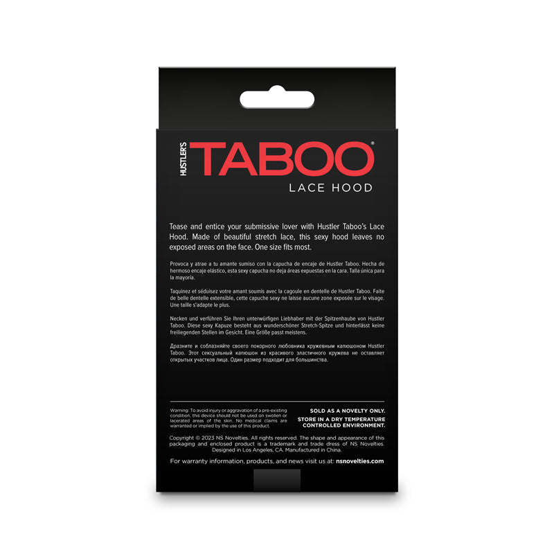 Hustler Taboo black lace hood mask with stretch fit.