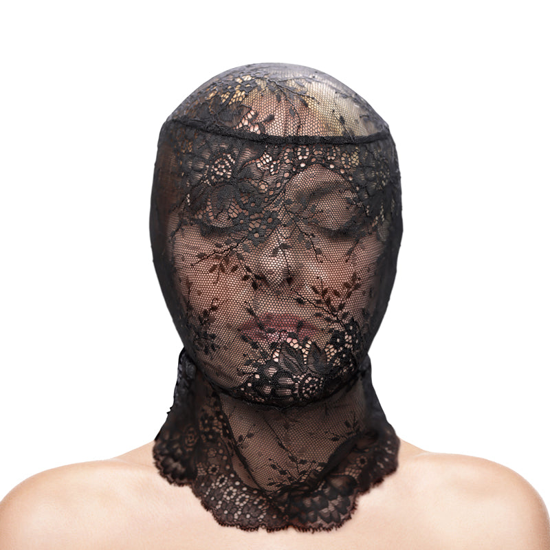 Black lace hood mask with a stretch fit and decorative trim.