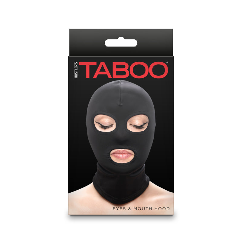 Black nylon hood with openings for eyes and mouth.