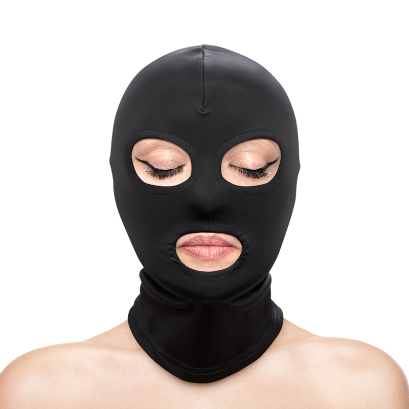 Black nylon hood with openings for eyes and mouth.