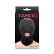 Black nylon mouth hood mask with eye coverings and neck coverage.