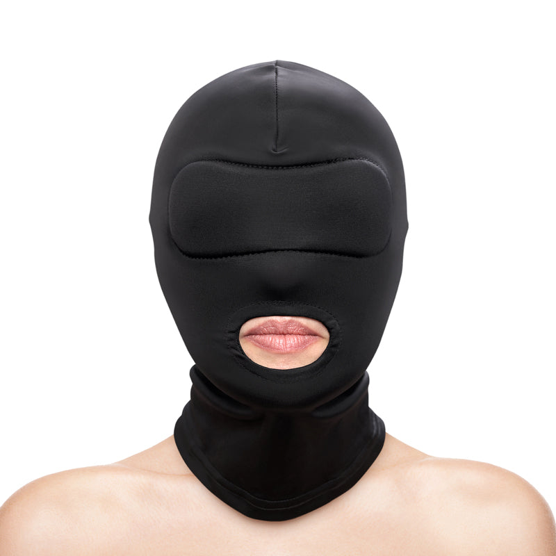 Black nylon hood mask with eye and mouth openings.