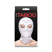 White nylon eyes hood mask with "Hustler Taboo" branding.
