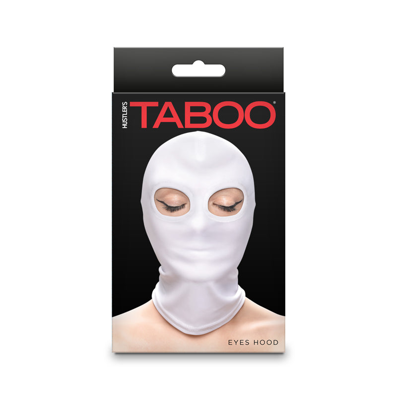 White nylon eyes hood mask with "Hustler Taboo" branding.