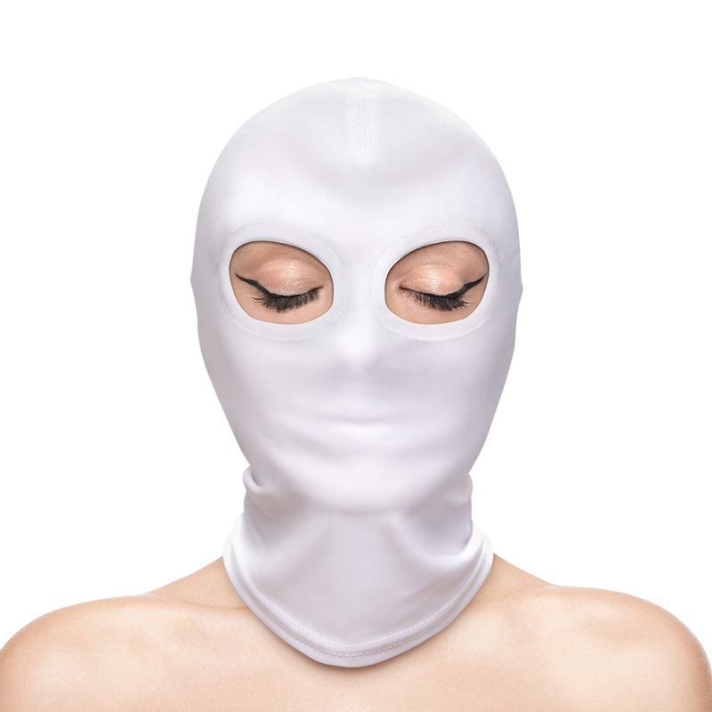 White nylon hood mask with eye openings.