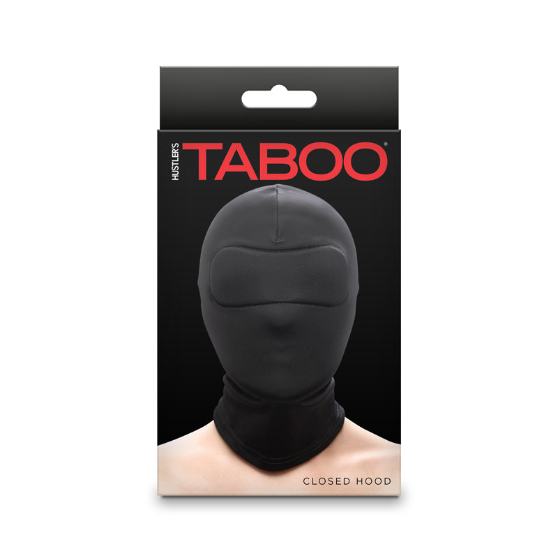 Black nylon closed hood sensory deprivation mask with eye coverings.