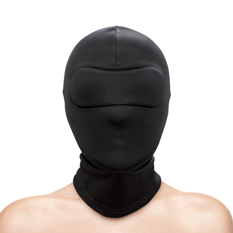 Black nylon sensory deprivation hood with padded eye coverings.