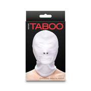 White zippered mouth hood with eyelets on a black and red box.