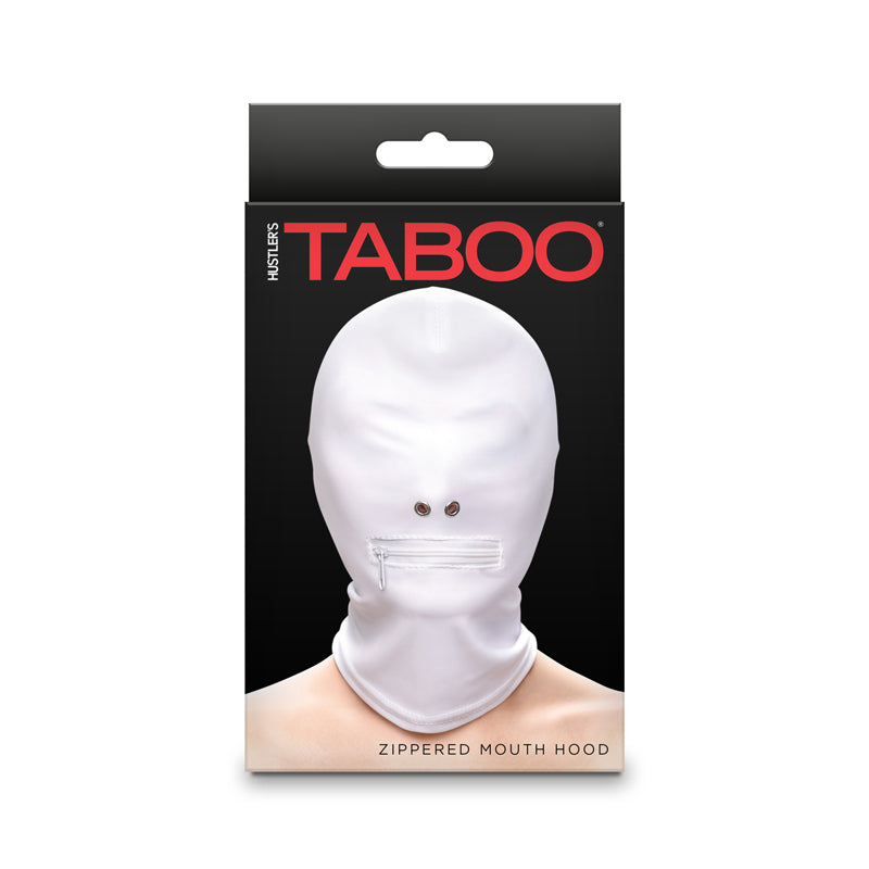 White zippered mouth hood with eyelets on a black and red box.