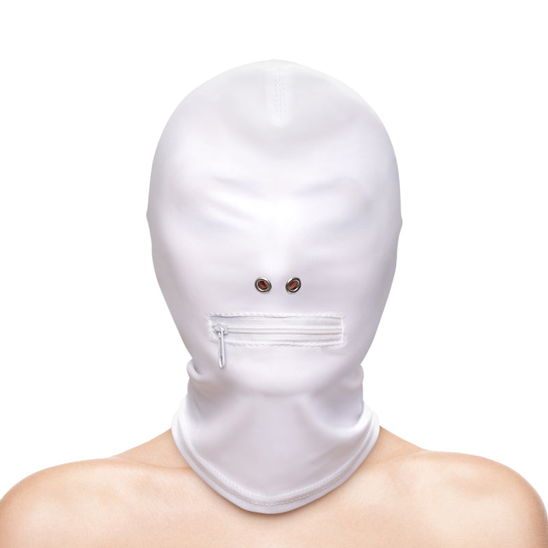 White zippered nylon hood with eyelets and a zipper over the mouth.