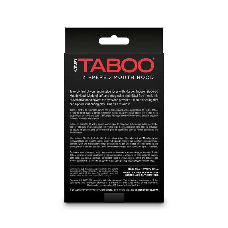 Hustler Taboo zippered mouth hood made of nylon and nickel-free metal.