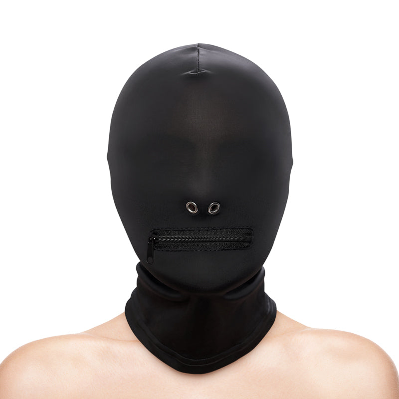 Black nylon hood with zippered mouth and eye holes.