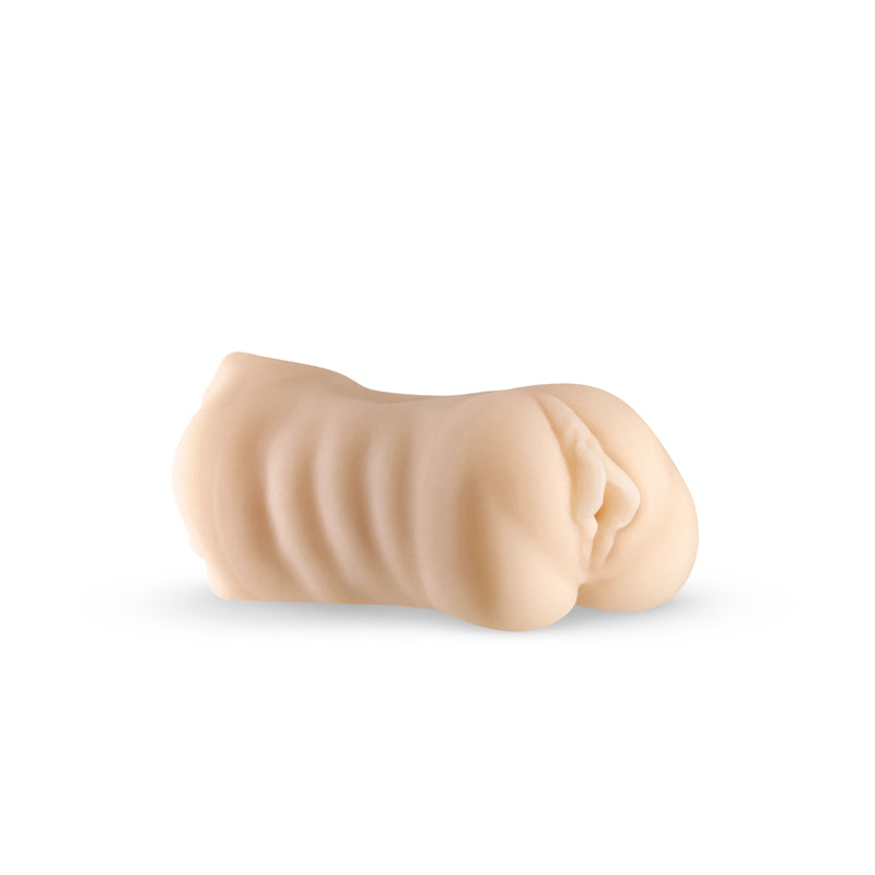 Textured white TPE male masturbator with ribbed shaft.