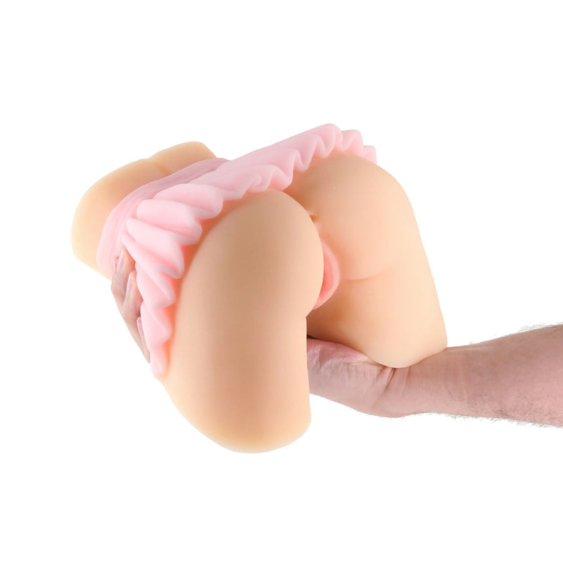 Realistic TPE male stroker with pink ruffled trim.