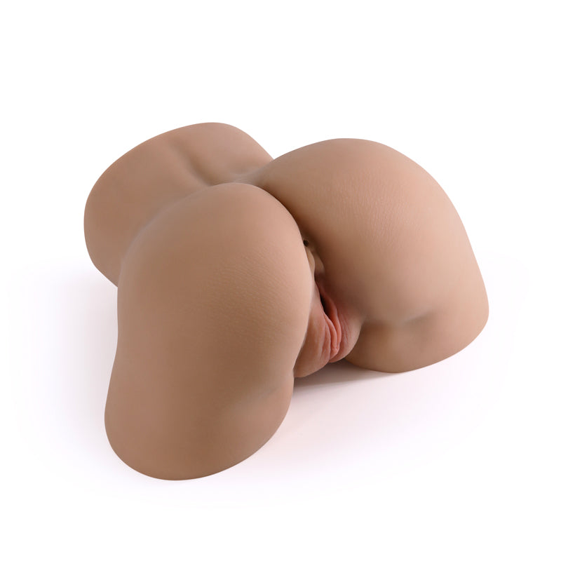 Realistic brown TPE male masturbator with textured interior for stroking.