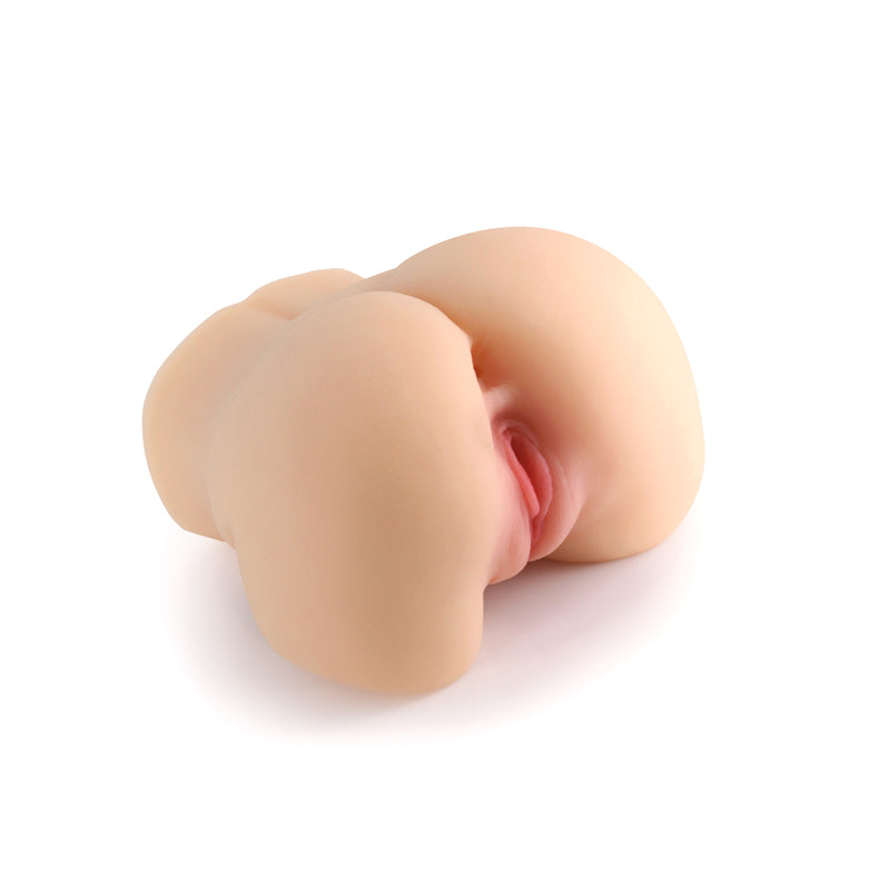 Tan TPE male stroker with lotus texture and visible vaginal opening.