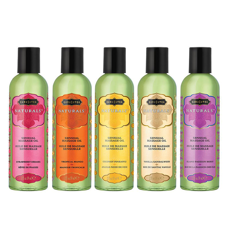 Five bottles of Kama Sutra Naturals massage oil in different flavors.