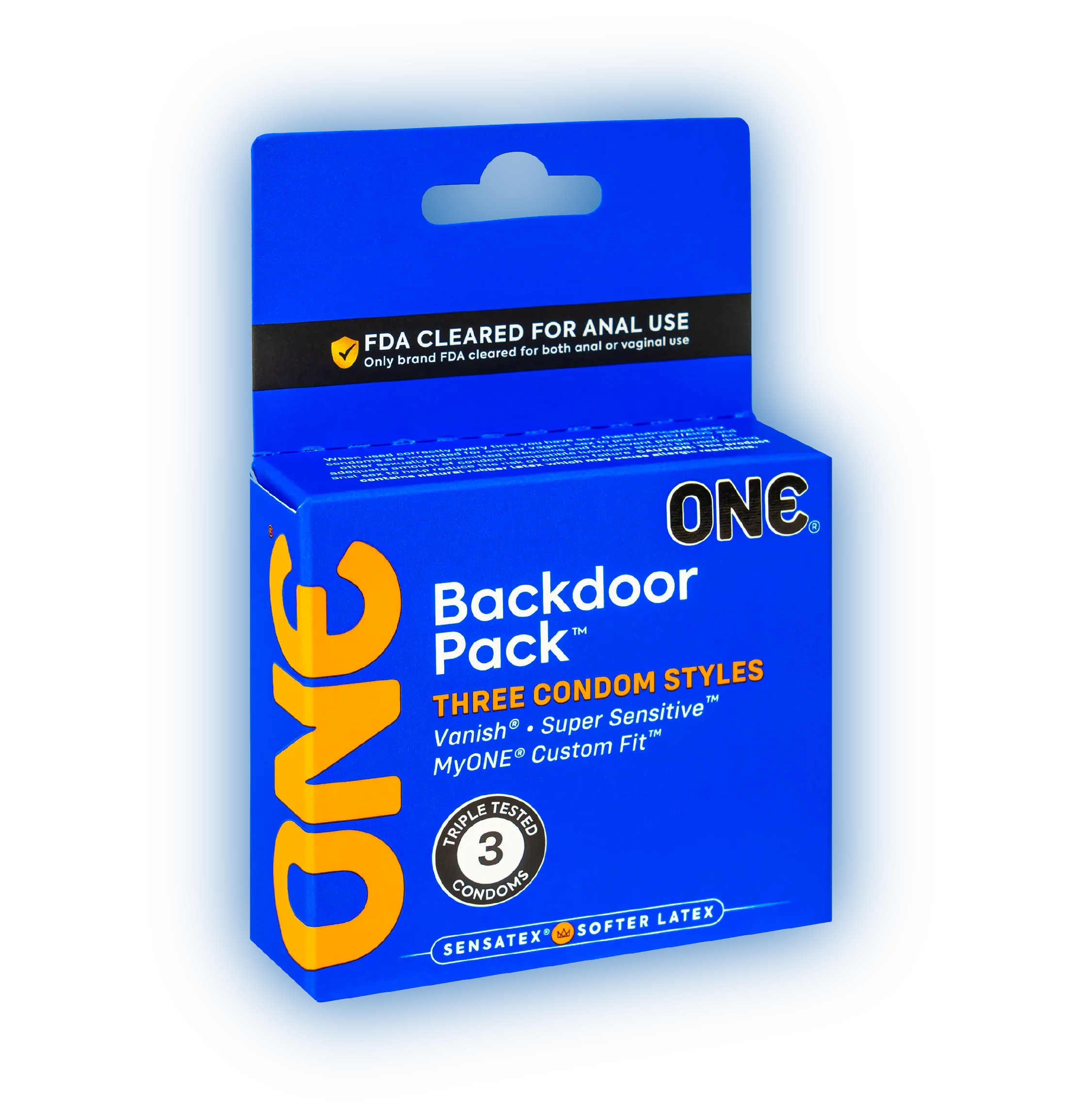 Box of ONE Condoms Backdoor Pack with three condom styles.