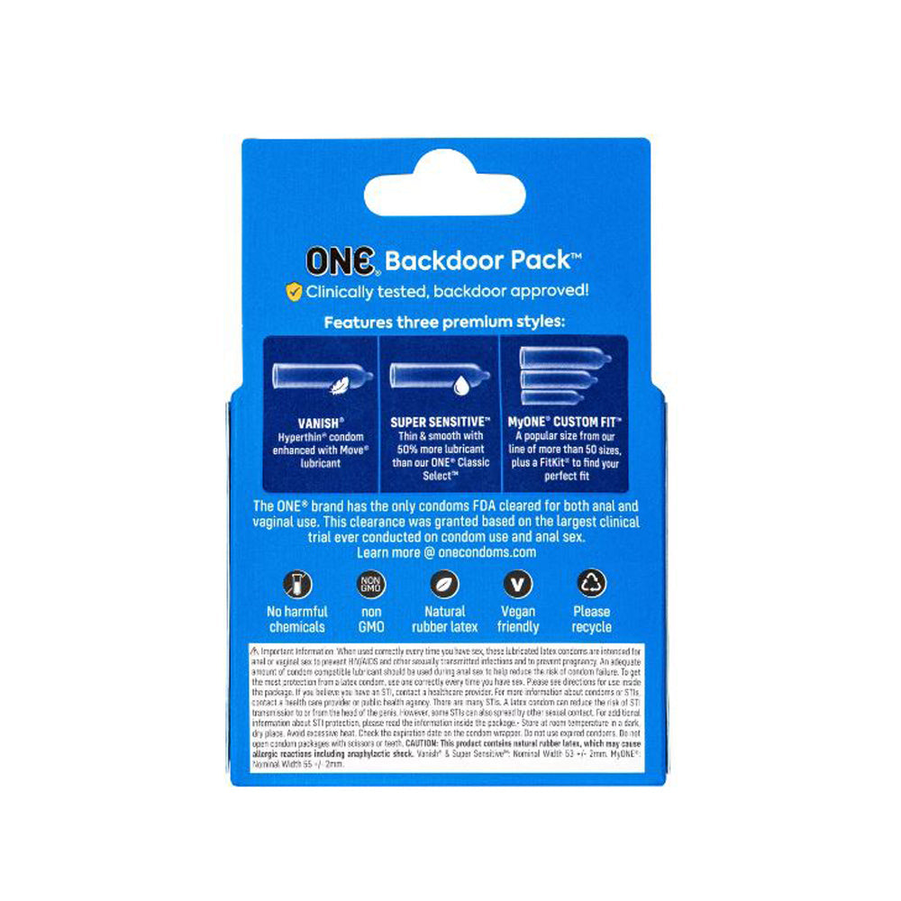 ONE Backdoor Pack condoms featuring three premium styles: Vanish, Super Sensitive, and MyONE Custom Fit.