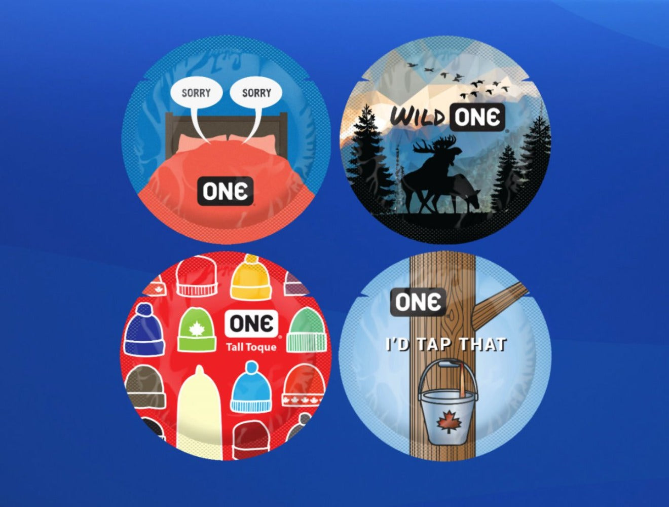 Four circular condom wrappers with Canadian-themed designs.