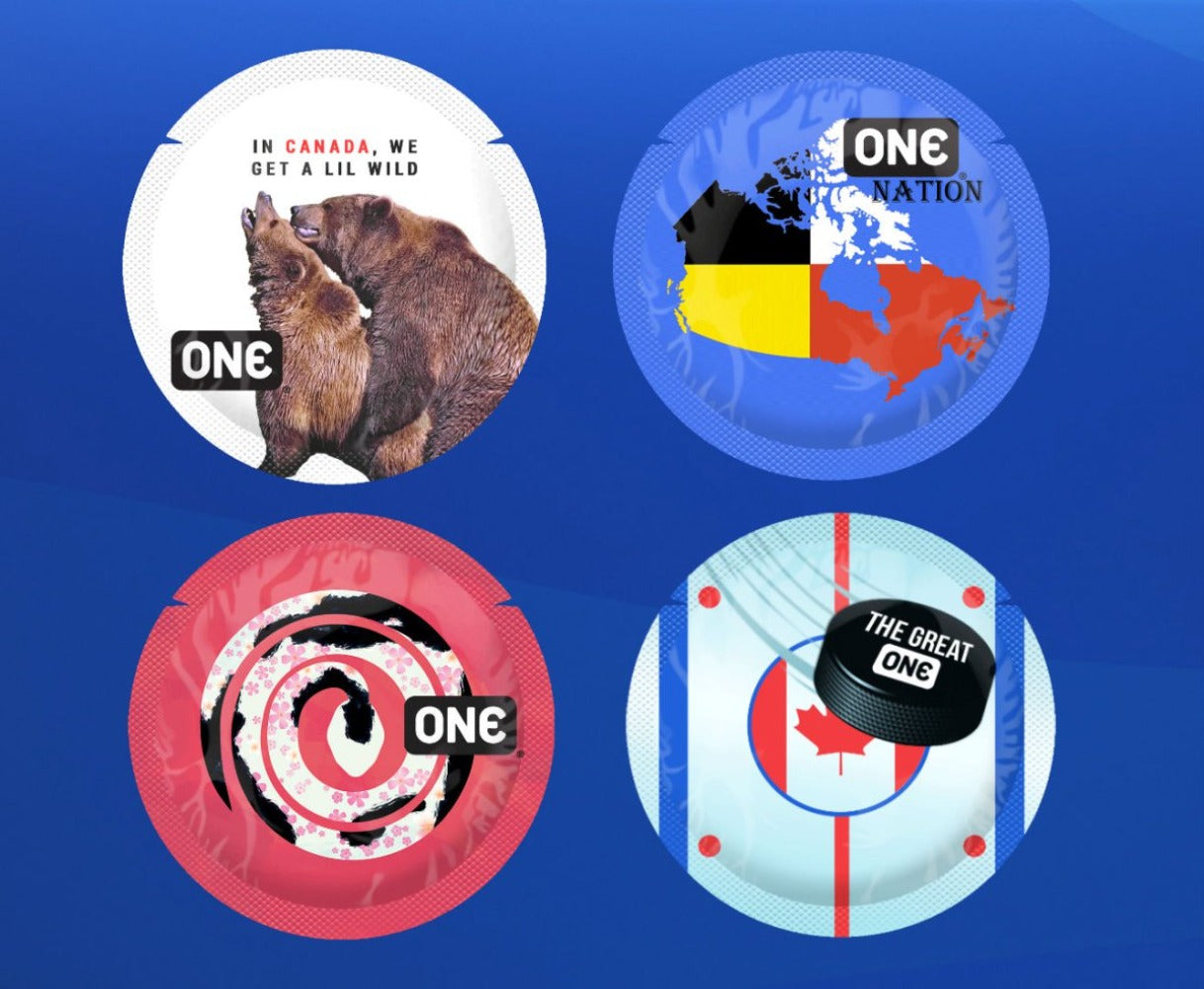 Four condom wrappers with Canadian-themed designs.
