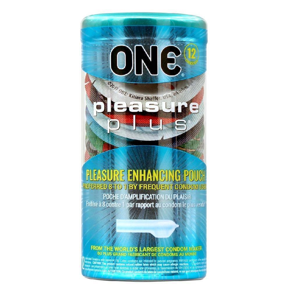 ONE Pleasure Plus ribbed latex condoms with pouch, 12 count.