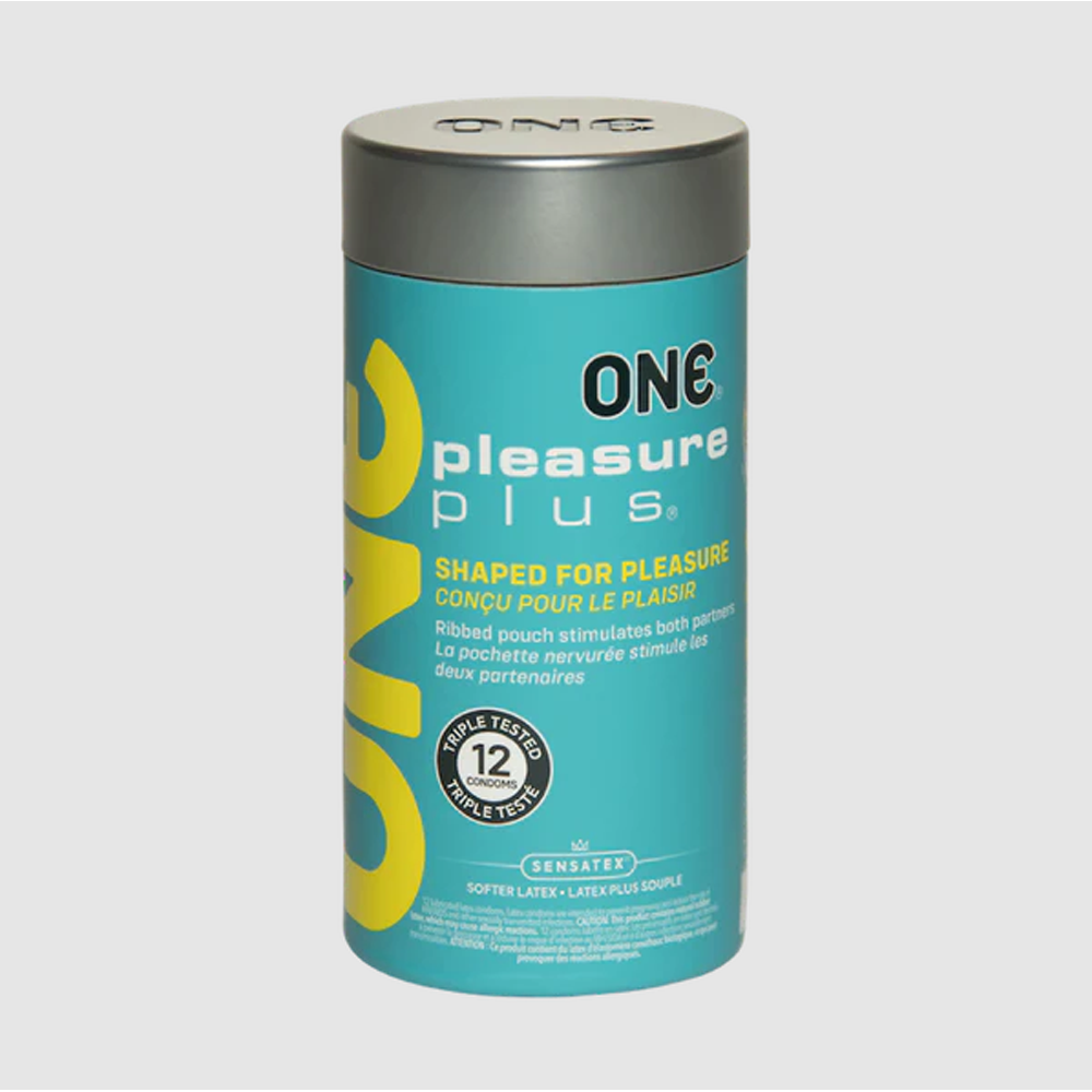 ONE Pleasure Plus ribbed latex condoms with pouch, 12 count.