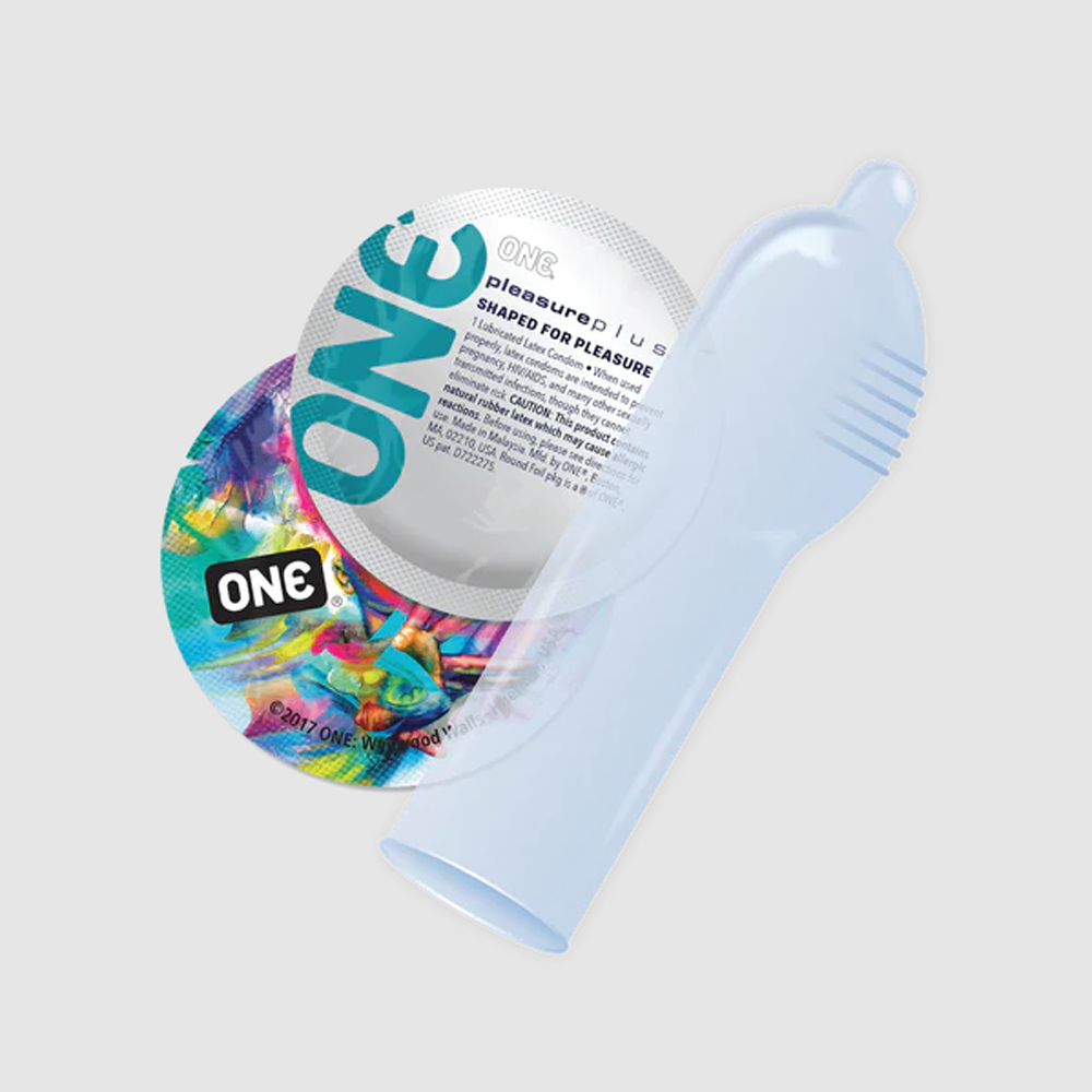 A light blue, ribbed latex condom with a textured pouch.