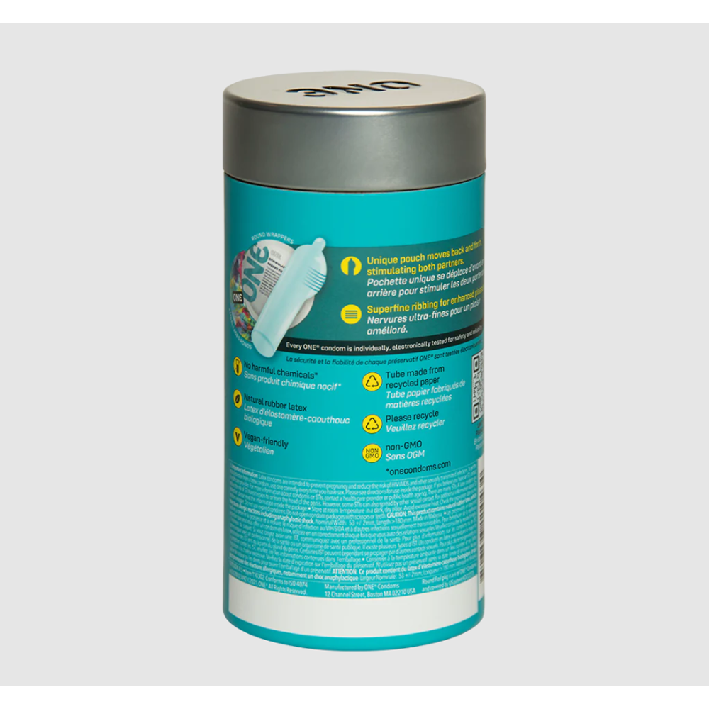 ONE Pleasure Plus ribbed latex condoms in a teal tube with product information.