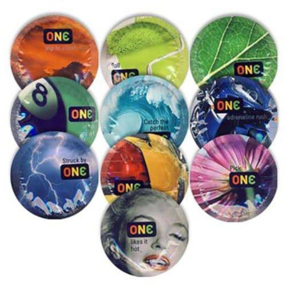 A collection of ten round condom wrappers with colorful, artistic designs.