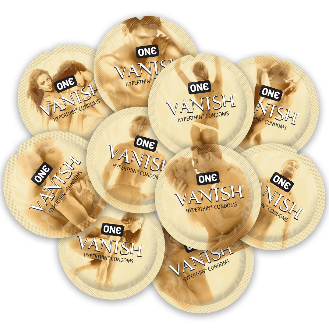 A collection of round condom wrappers featuring images of couples and the "ONE Vanish Hyperthin Condoms" logo.