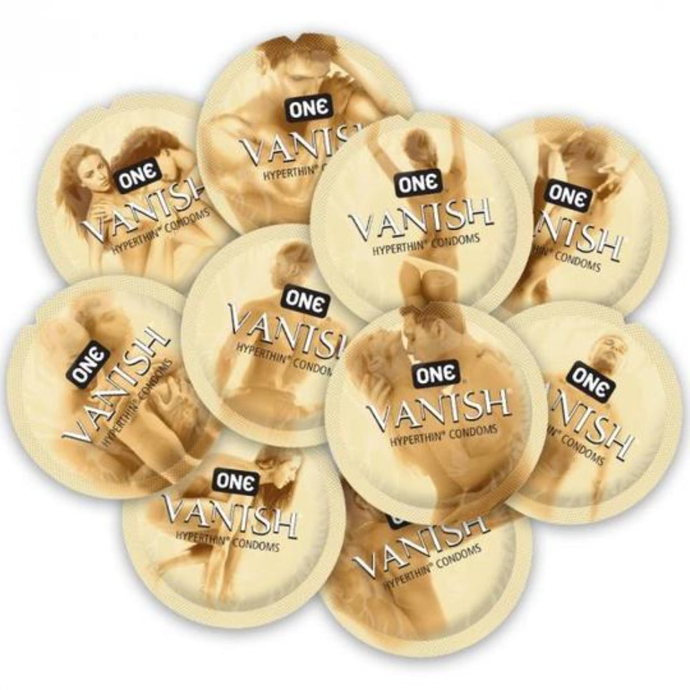 A bowl of 100 Vanish HyperThin condoms with images of couples.