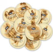 A bowl of 100 Vanish HyperThin condoms with images of couples.
