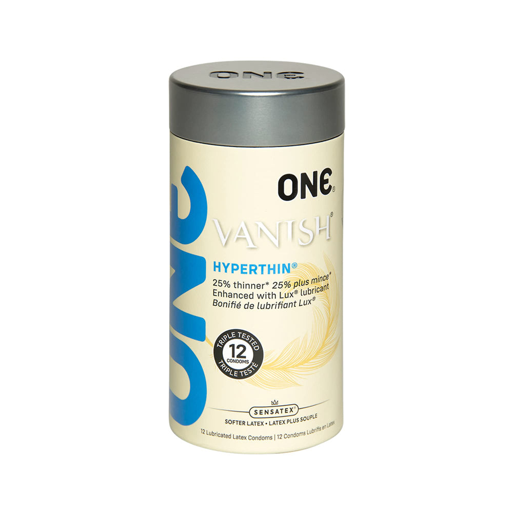 ONE Hyperthin condoms in a 12-pack with a blue "ONE" logo and feather design.