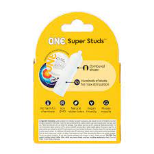 Yellow box of ONE Super Studs textured latex condoms with raised studs.