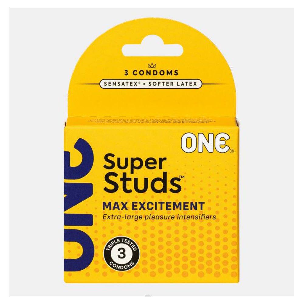 A box of ONE Super Studs textured latex condoms.