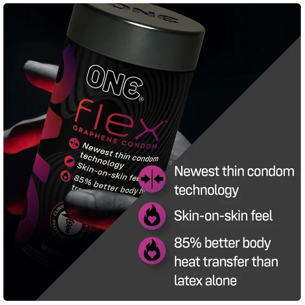 ONE Flex graphene condoms are ultra-thin with a skin-on-skin feel and 85% better heat transfer.
