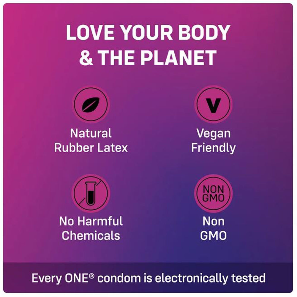 Image shows a graphic with text "LOVE YOUR BODY & THE PLANET" and icons for natural rubber latex, vegan friendly, no harmful chemicals, and non GMO.