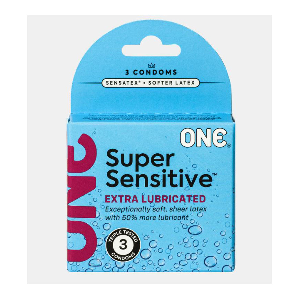 Box of ONE Super Sensitive condoms, 3 count, extra lubricated.