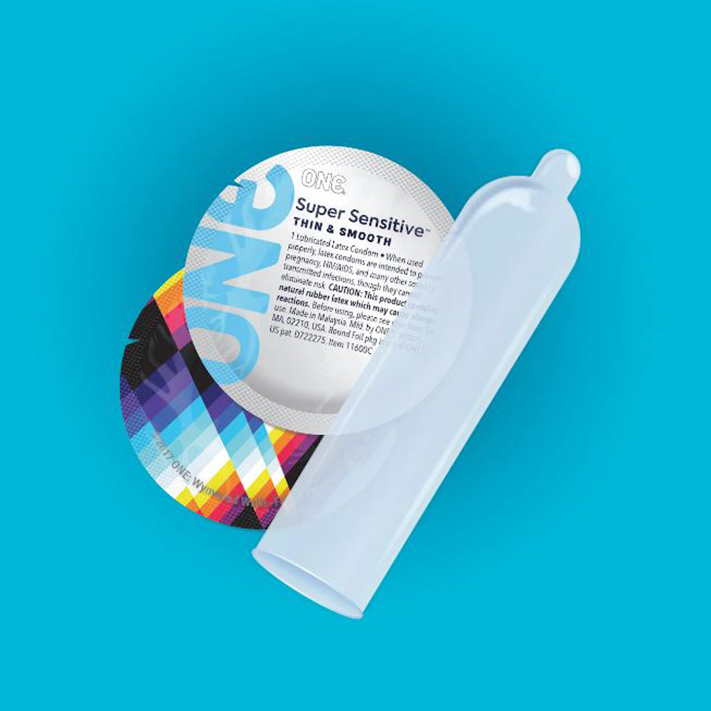 ONE Super Sensitive Thin Lubricated Latex Condoms in packaging.