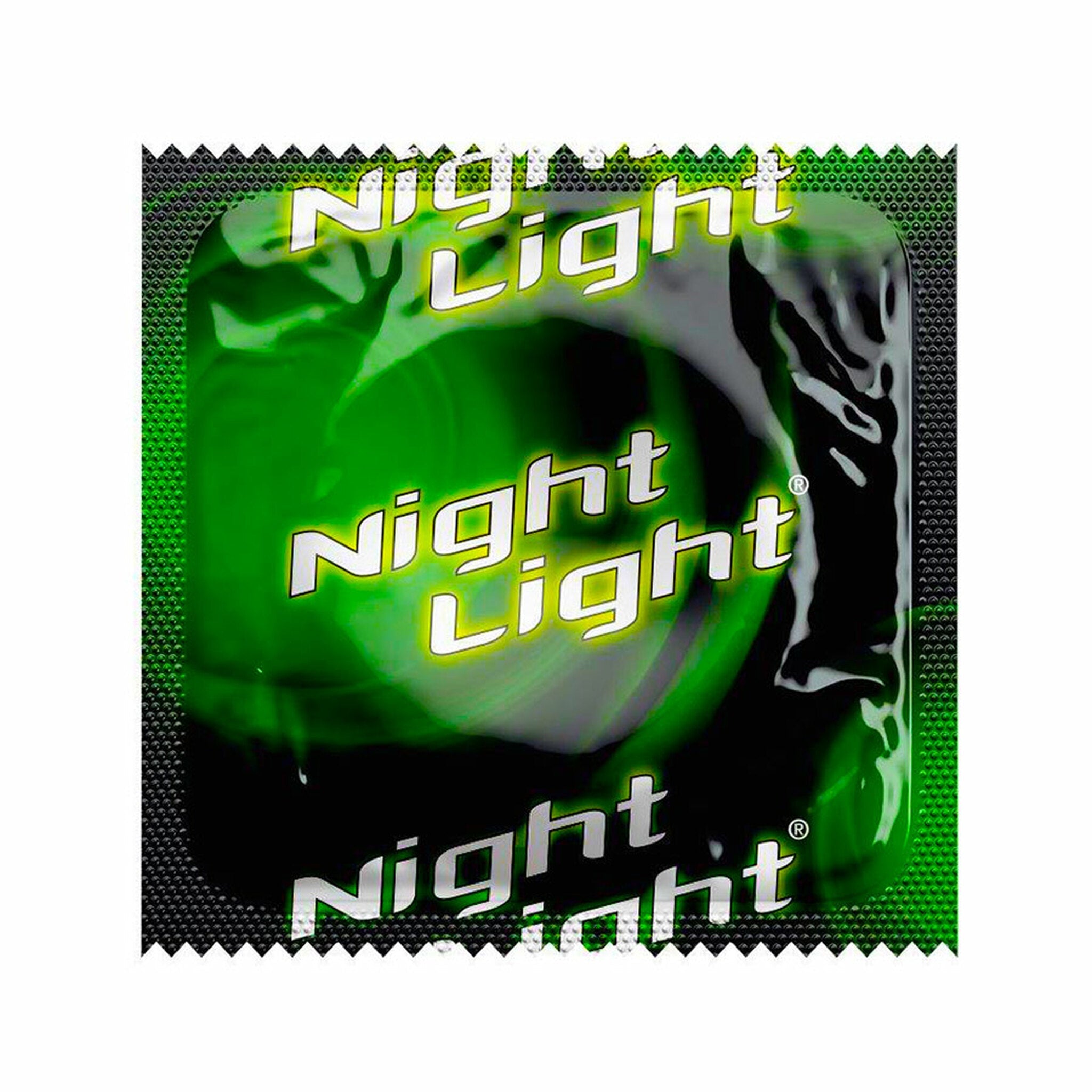 Glow in the dark condoms with "Night Light" text on green packaging.