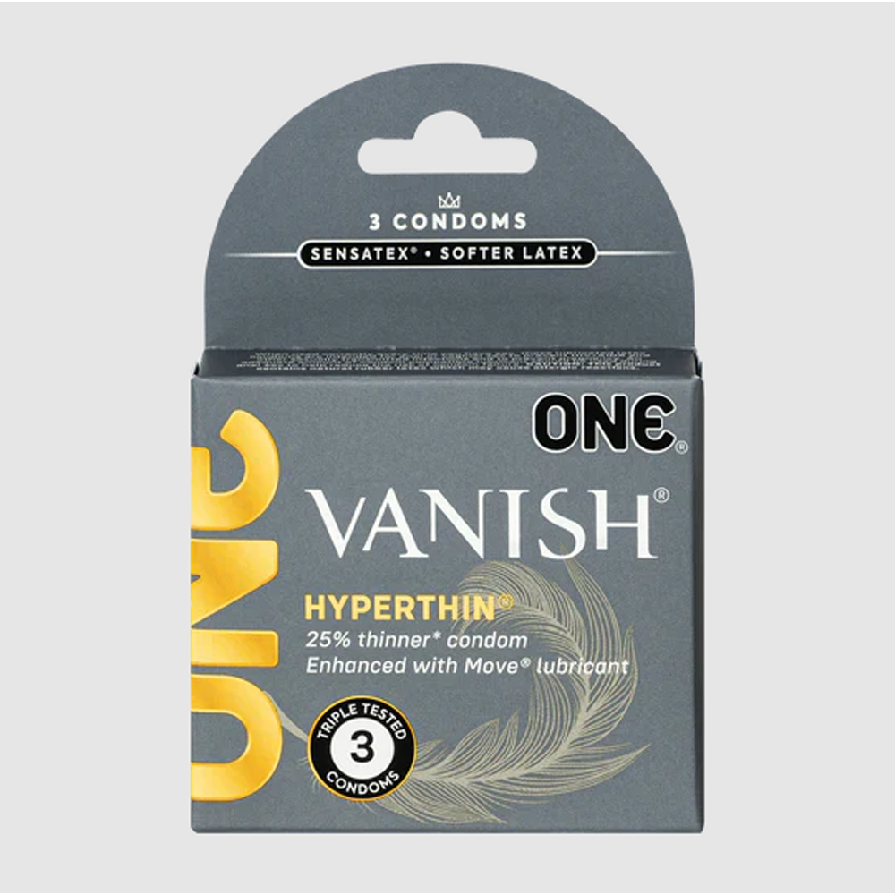 ONE Vanish Hyperthin condoms, 3 pack, Sensatex softer latex.