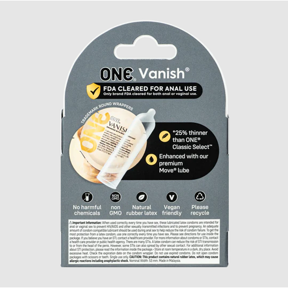 ONE Vanish FDA cleared anal use condoms, 25% thinner with premium lube.