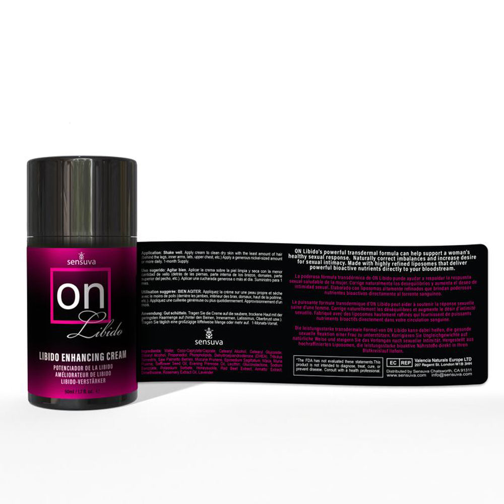 Sensuva ON Libido Enhancing Cream in a black and pink bottle.