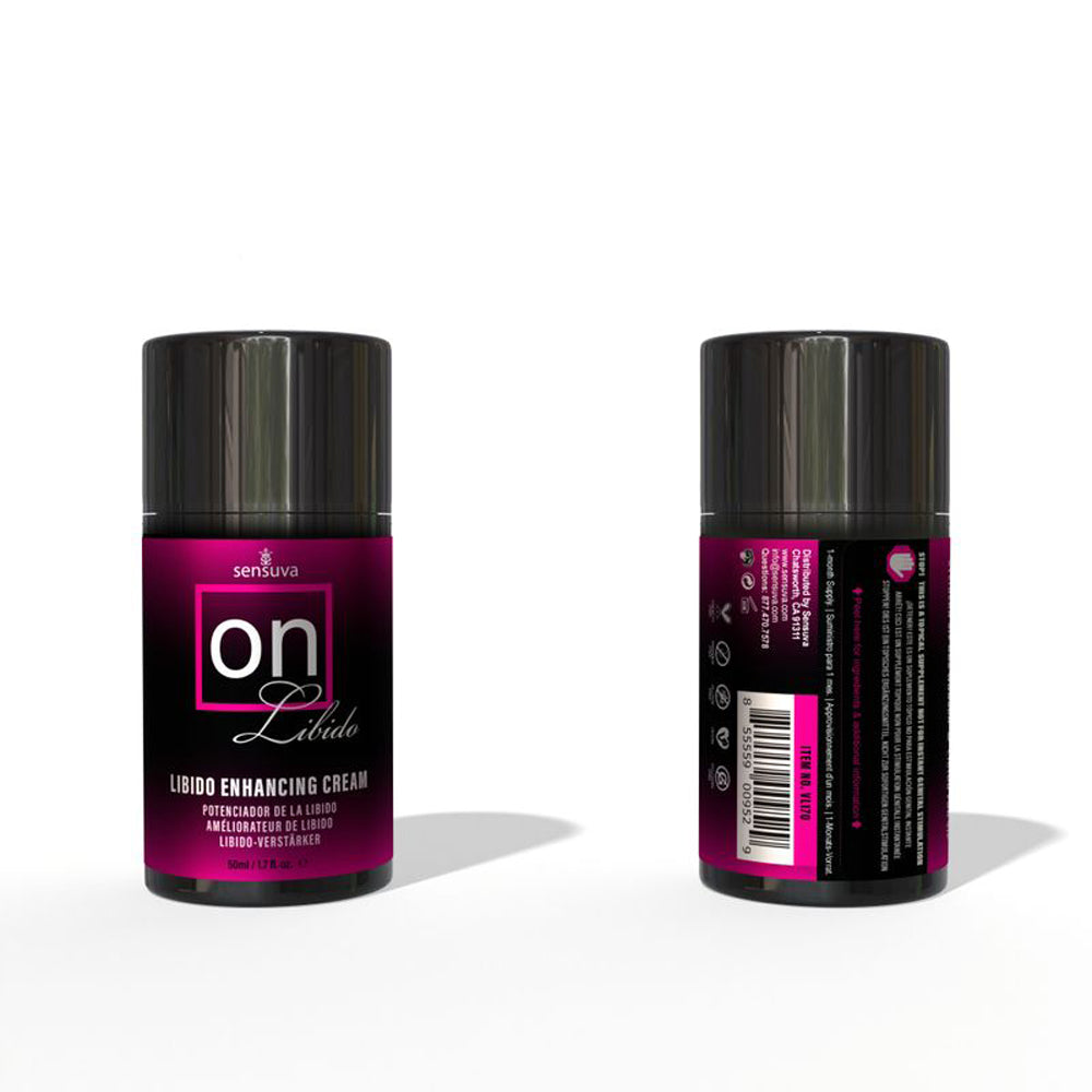 Sensuva ON Libido enhancing cream in a black and pink bottle.