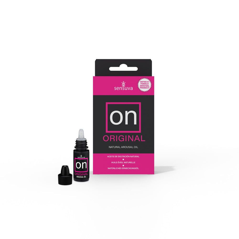 A bottle and box of Sensuva On Original Natural Arousal Oil.