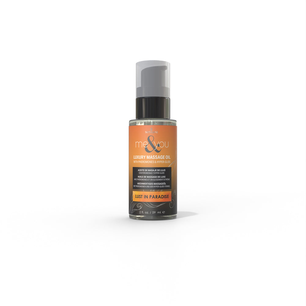 Luxury massage oil with pheromones and hyper-glide in a clear bottle.